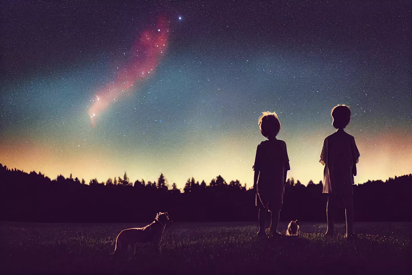 children stargazing with their dog