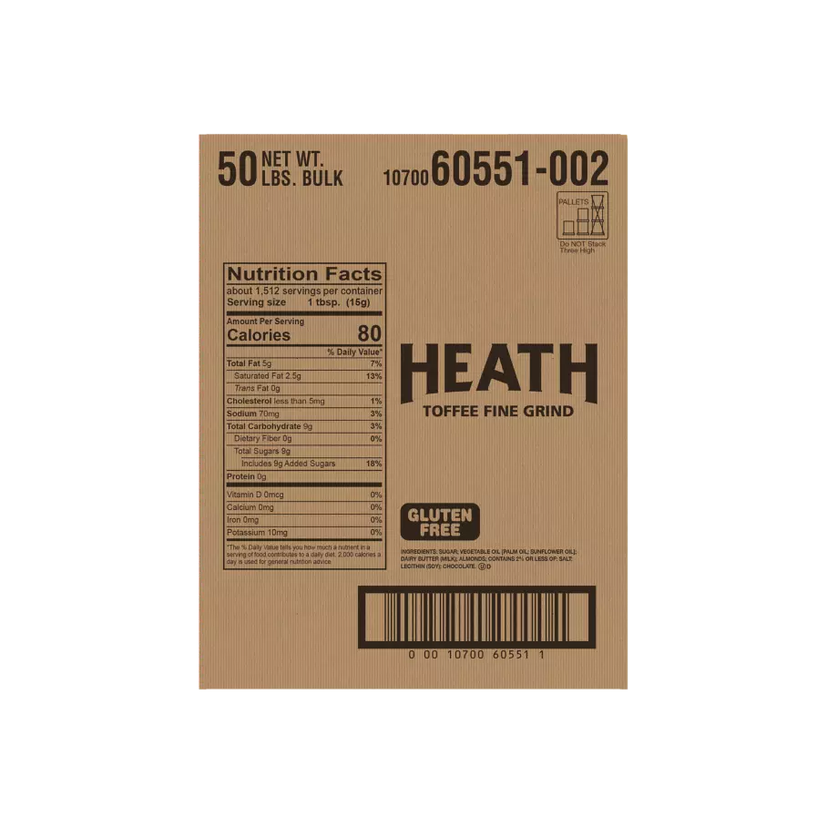 HEATH Toffee Fine Grind, 50 lb box - Back of Package