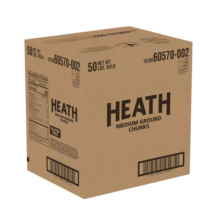 HEATH Milk Chocolate English Toffee Medium Ground Chunks, 50 lb box - Front of Package