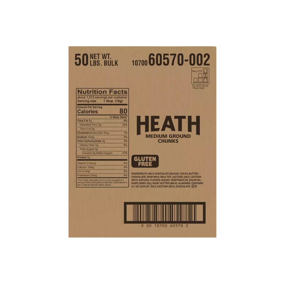HEATH Milk Chocolate English Toffee Medium Ground Chunks, 50 lb box - Back of Package