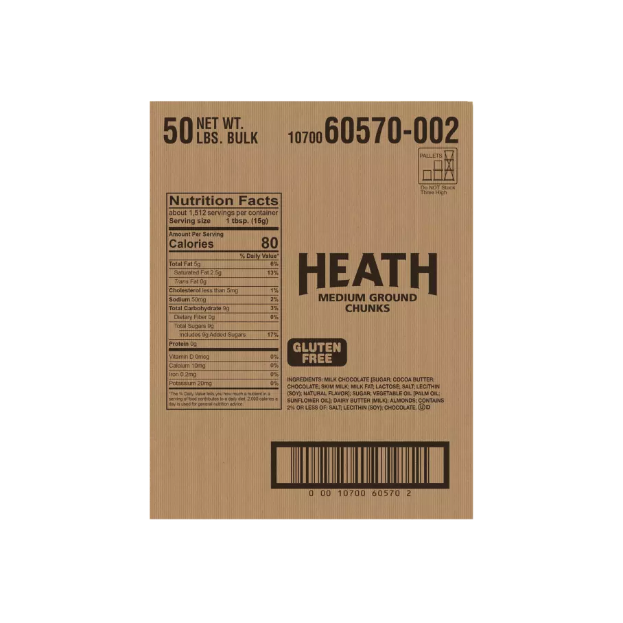 HEATH English Toffee Medium Grind, 50 lb box - Back of Package