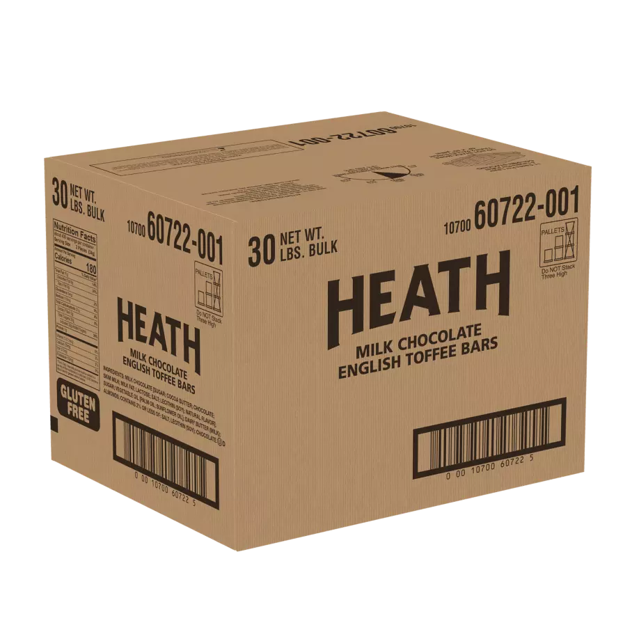 HEATH Milk Chocolate English Toffee Chunks, 30 lb box - Front of Package