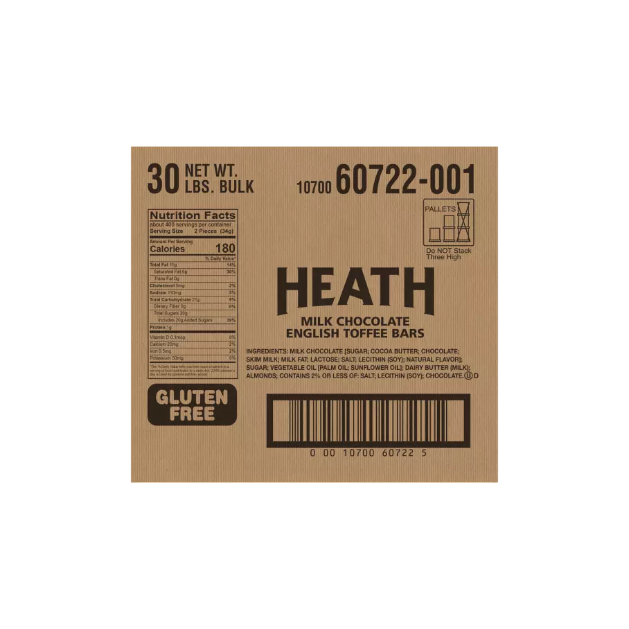 HEATH Milk Chocolate English Toffee Chunks, 30 lb box - Back of Package