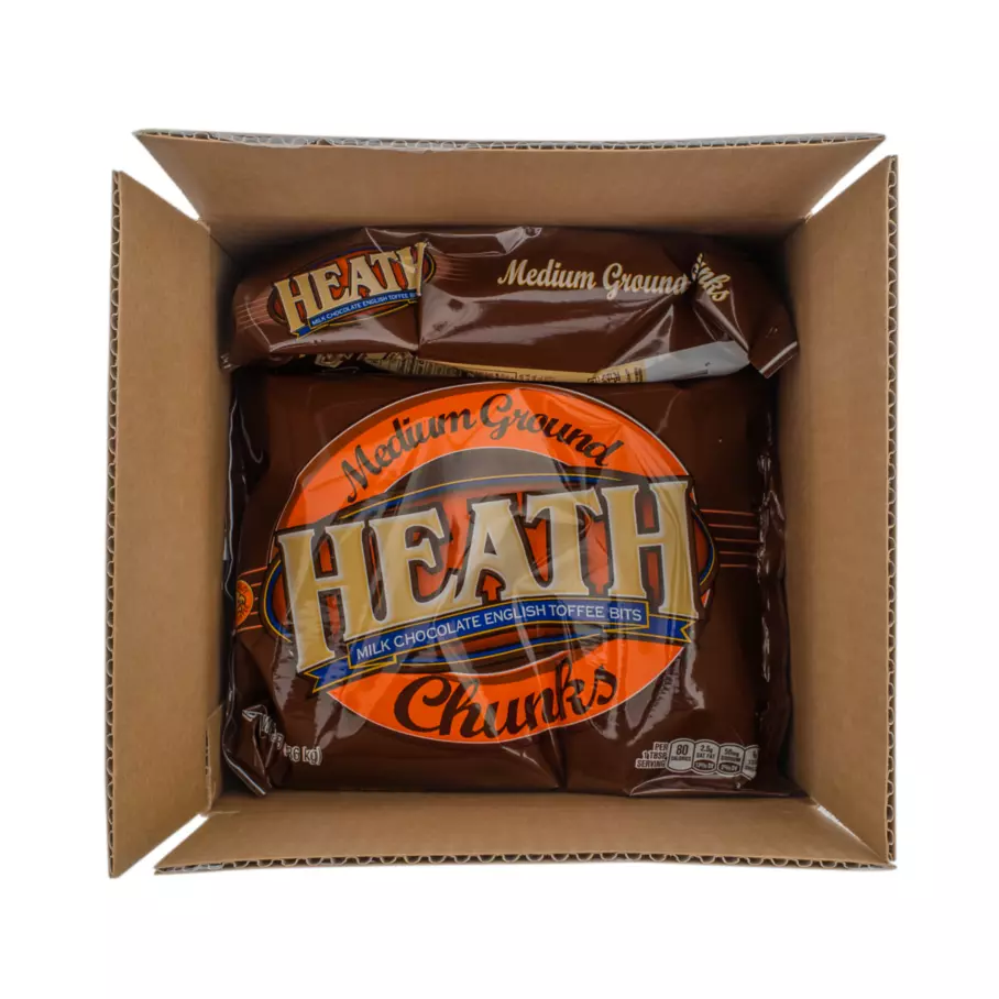 HEATH Milk Chocolate English Toffee Medium Grind Chunks, 12 lb box, 4 bags - Top of Package