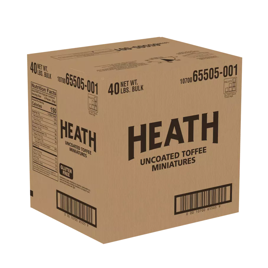 HEATH Uncoated English Toffee Miniatures Centers, 40 lb box - Front of Package