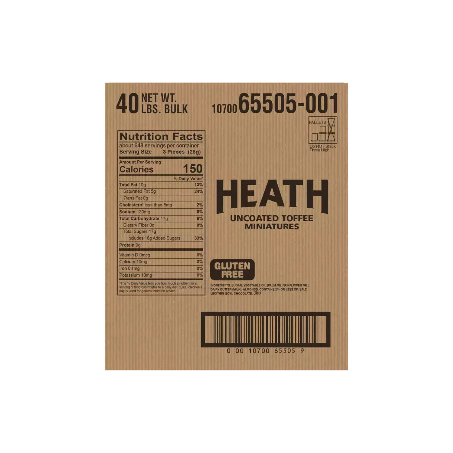 HEATH Uncoated English Toffee Miniatures Centers, 40 lb box - Back of Package