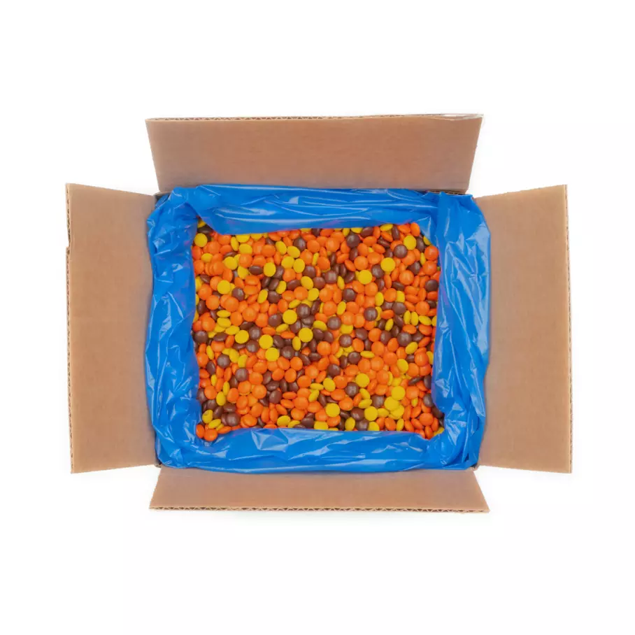 REESE'S PIECES Peanut Butter Candy, 25 lb box - Top of Package