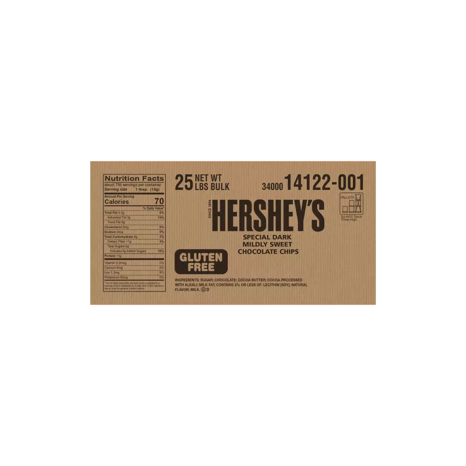 HERSHEY'S Special Dark Chocolate Baking Pieces, 25 lb box - Back of Package