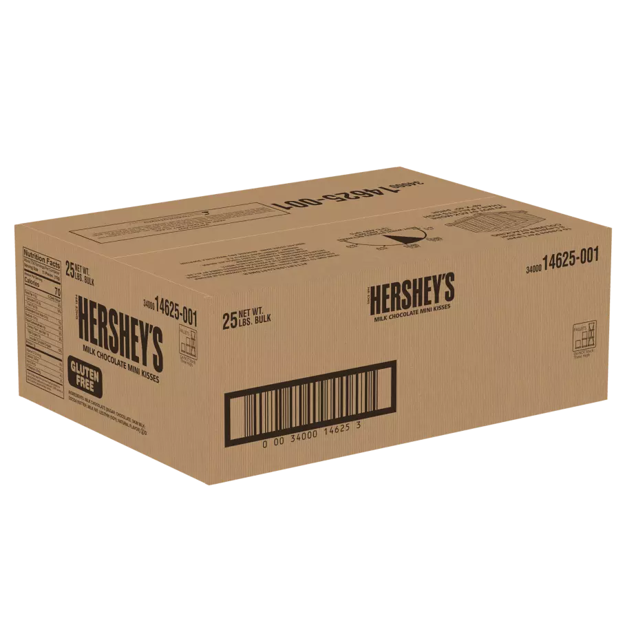 HERSHEY'S MINI KISSES Milk Chocolate Chips, 25 lb box - Front of Package