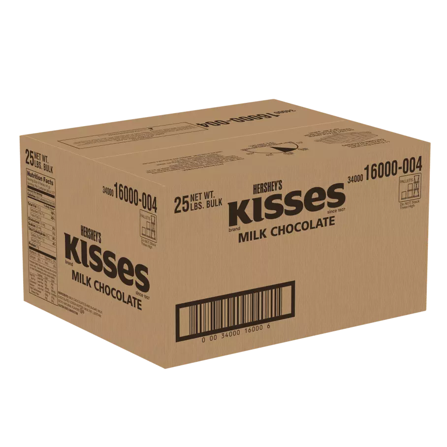 HERSHEY'S KISSES Milk Chocolate Candy, 25 lb box - Front of Package