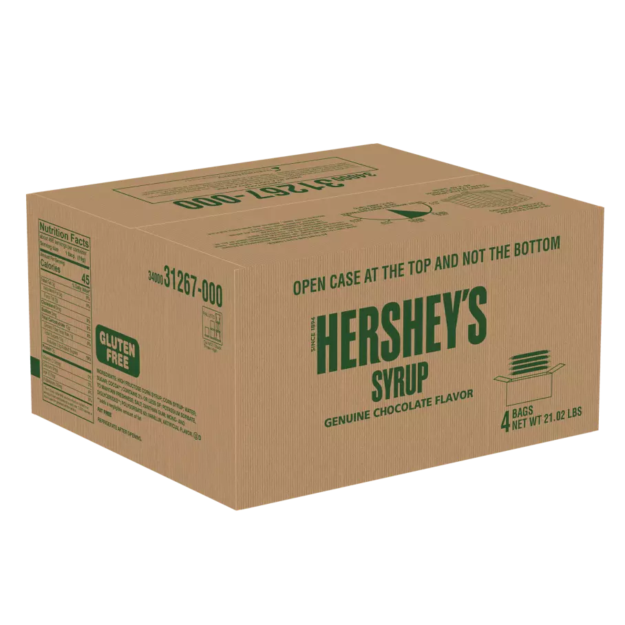 HERSHEY'S Chocolate Syrup, 21.6 lb box, 4 pouches - Front of Package