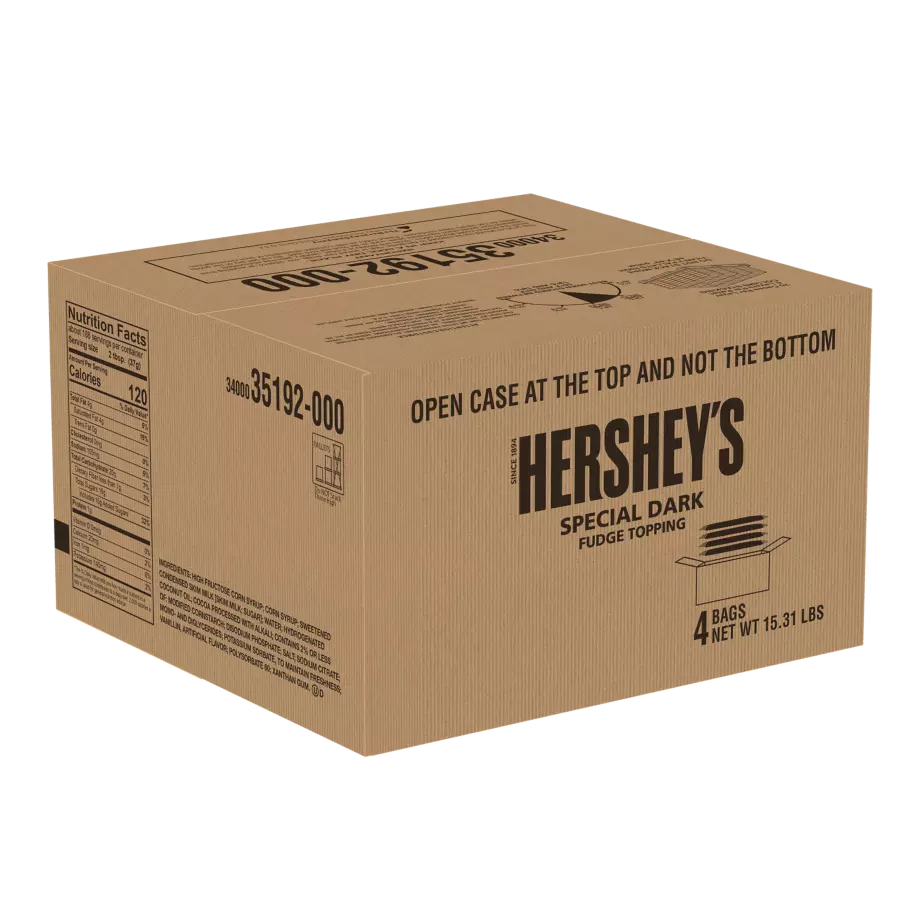 HERSHEY'S SPECIAL DARK Fudge Topping, 15.32 lb box, 4 pouches - Front of Package