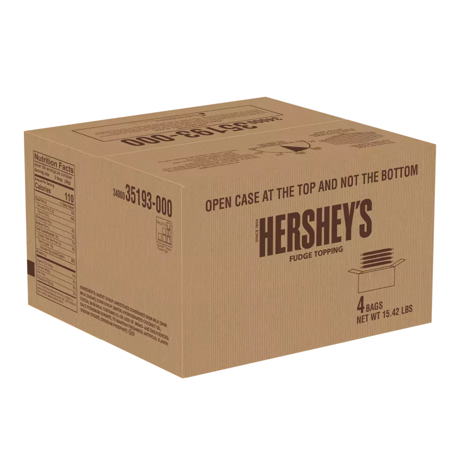 HERSHEY'S Milk Chocolate Fudge Topping, 15.42 lb box, 4 pouches - Front of Package