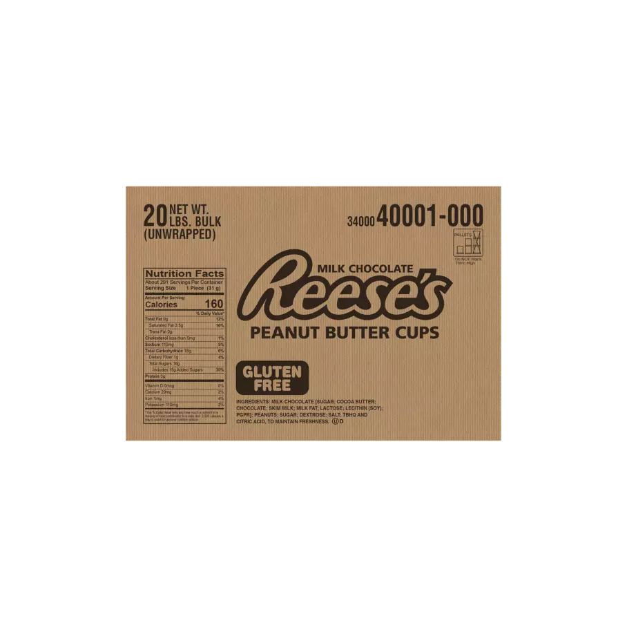 REESE'S Unwrapped Milk Chocolate Peanut Butter Cups, 20 lb box, 4 bags - Back of Package