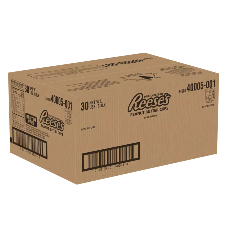 REESE'S Milk Chocolate Peanut Butter Cups, 30 lb box - Front of Package