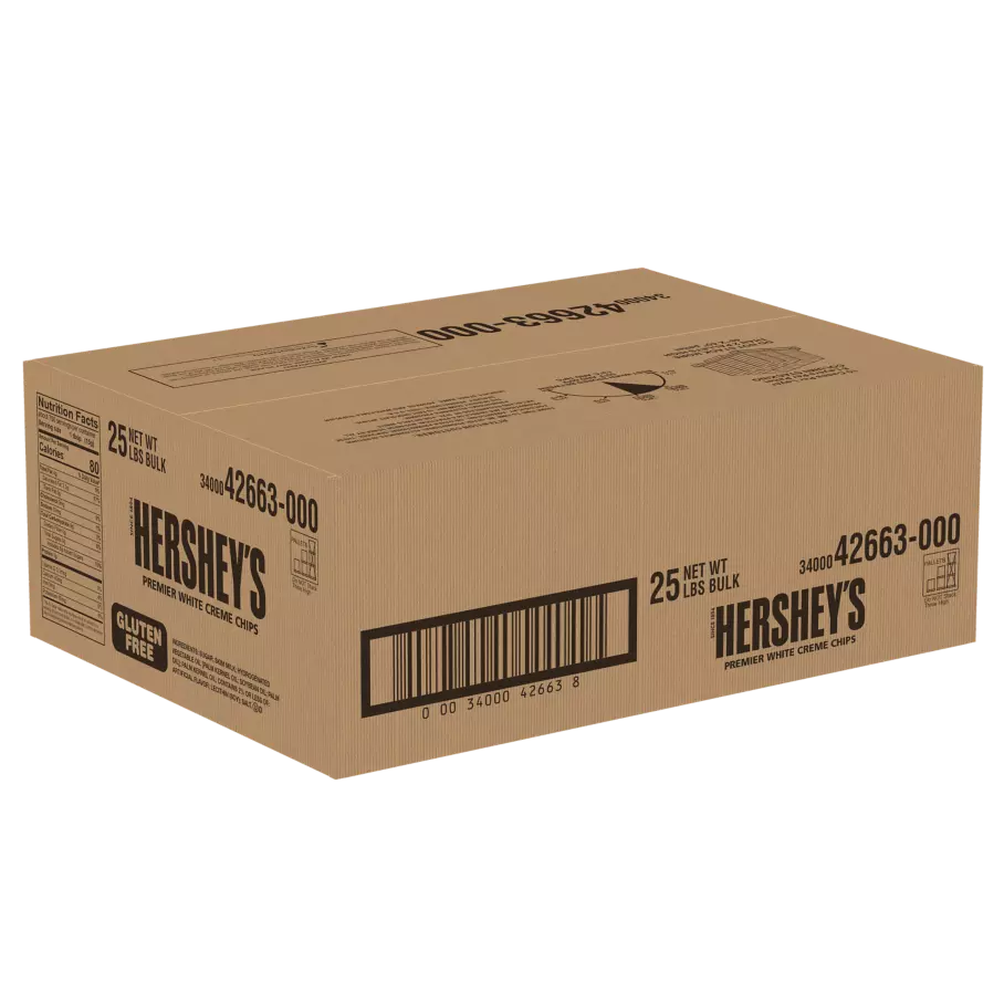 HERSHEY'S Premier White Creme Chips, 25 lb box - Front of Package