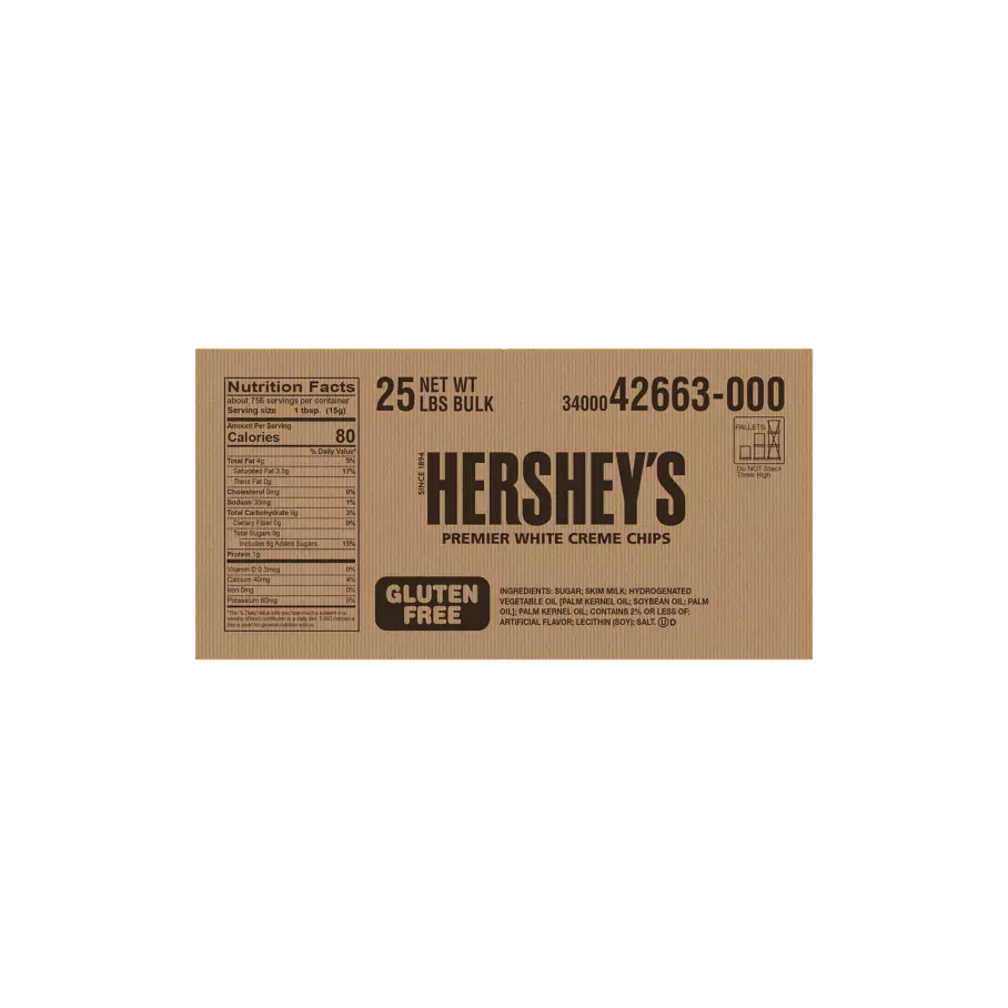 HERSHEY'S Premier White Creme Chips, 25 lb box - Back of Package
