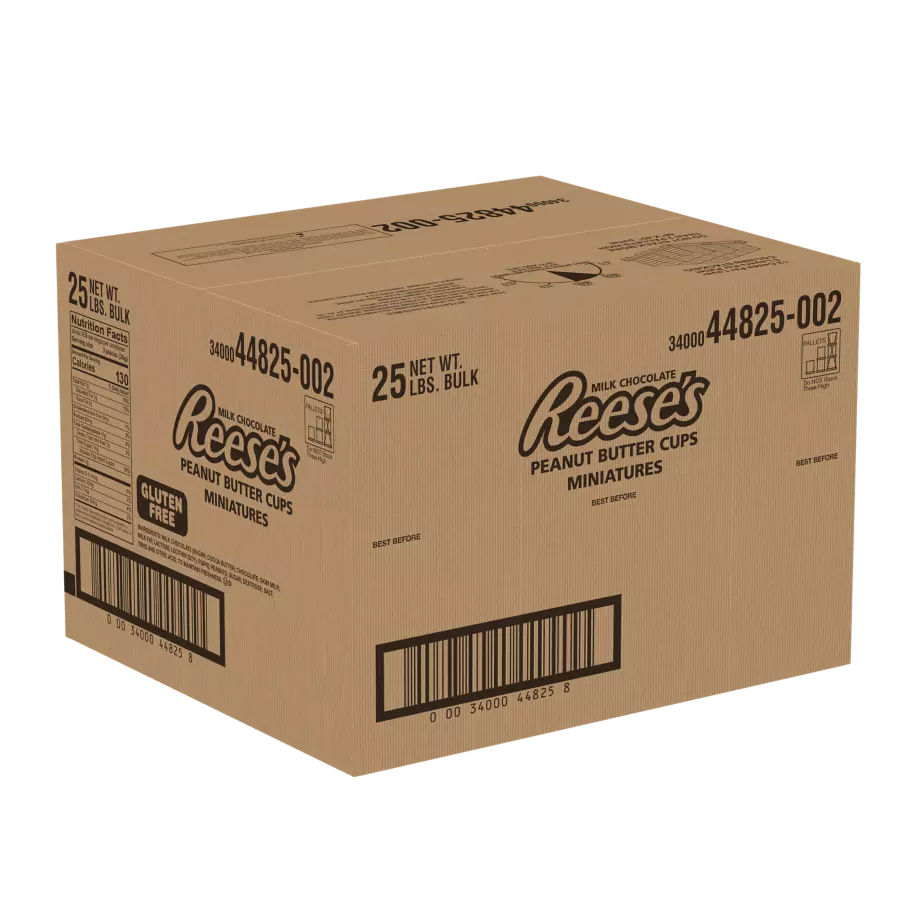 REESE'S Milk Chocolate Miniatures Peanut Butter Cups, 25 lb box - Front of Package
