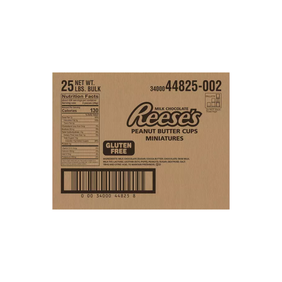 REESE'S Milk Chocolate Miniatures Peanut Butter Cups, 25 lb box - Back of Package