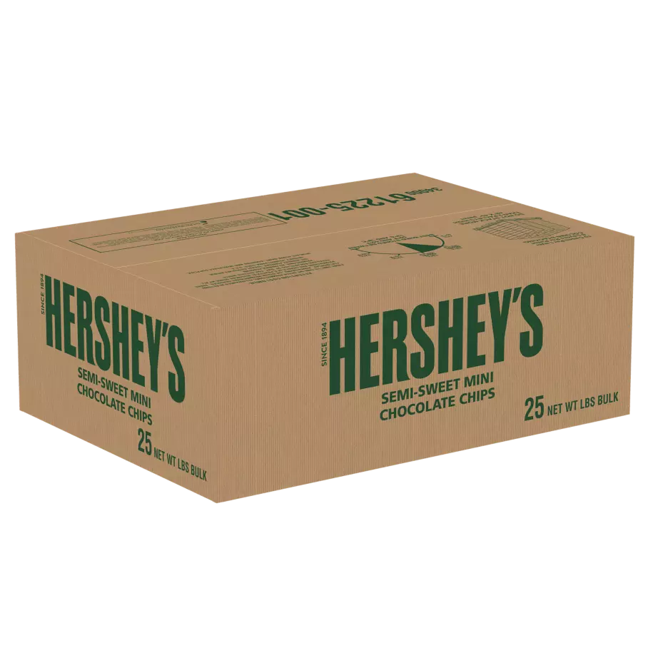 HERSHEY'S Semi-Sweet Chocolate Mini Baking Chips, 25 lb box - Front of Package