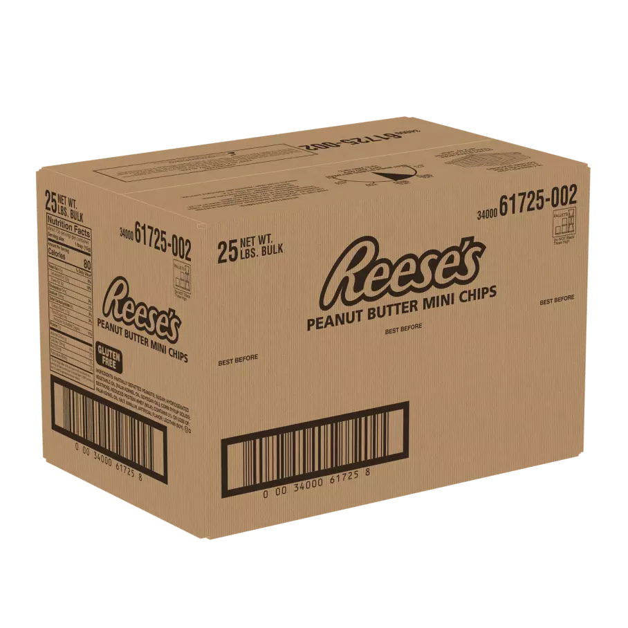 REESE'S Peanut Butter Mini Baking Chips, 25 lb box - Front of Package