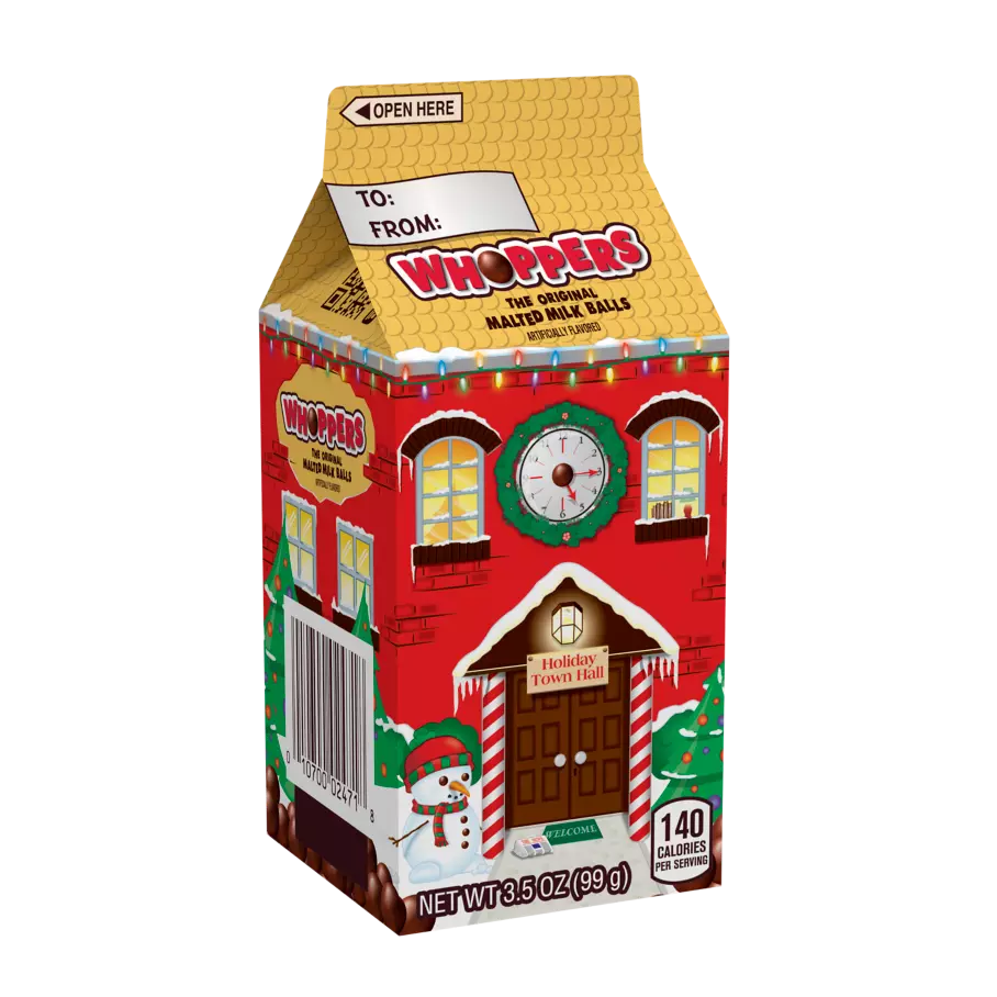 WHOPPERS Holiday Malted Milk Balls, 3.5 oz carton - Front of Package