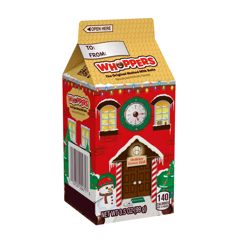 WHOPPERS Holiday Malted Milk Balls, 3.5 oz carton - Front of Package