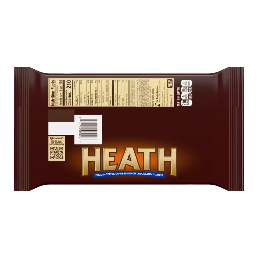 HEATH Chocolatey English Toffee Candy Bars, 1.4 oz, 6 pack - Back of Package