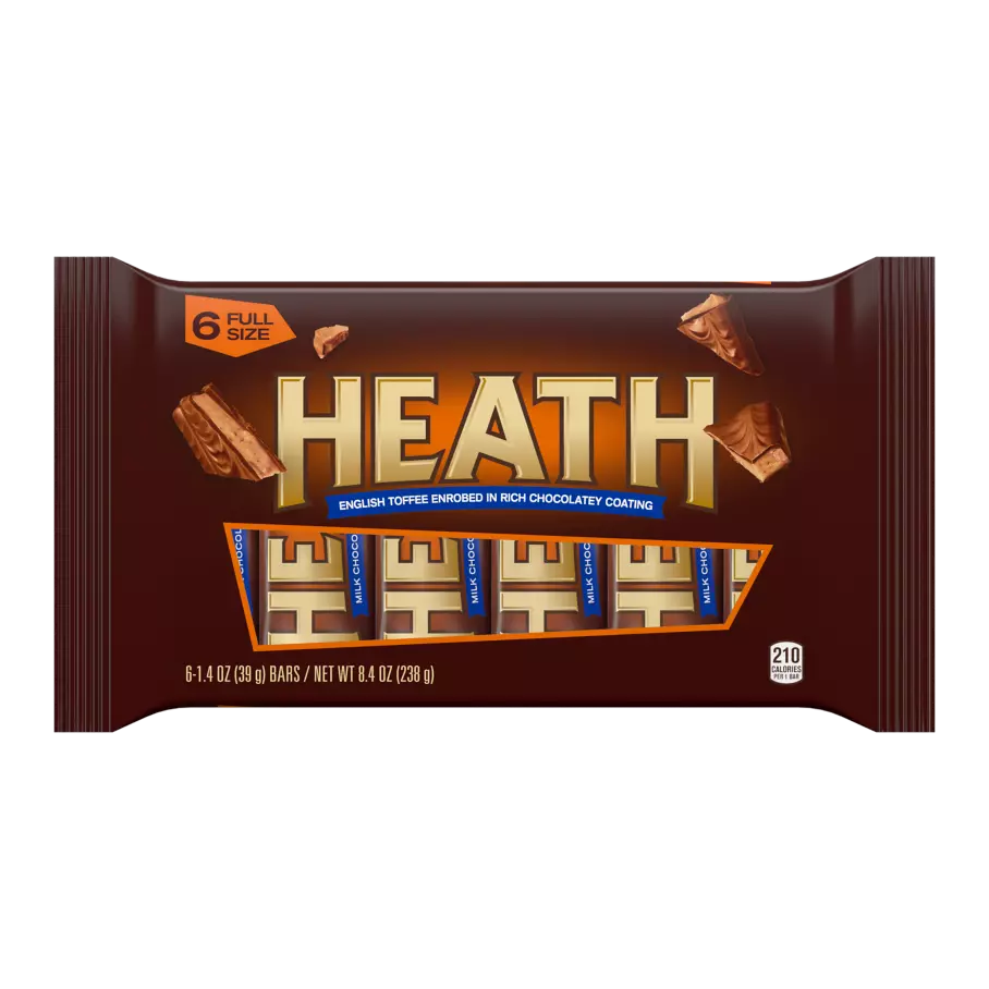 HEATH Chocolatey English Toffee Candy Bars, 1.4 oz, 6 pack - Front of Package