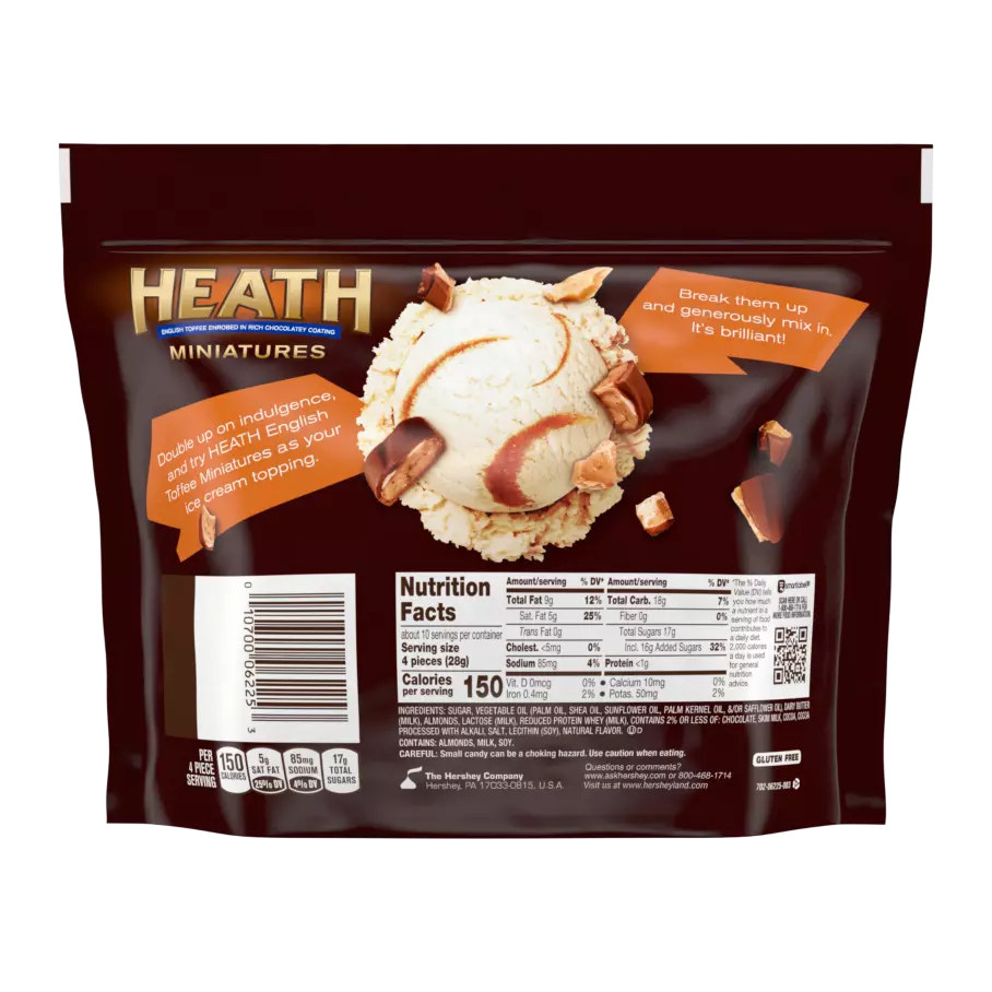HEATH Miniatures Chocolatey English Toffee Candy Bars, 10.2 oz bag - Back of Package