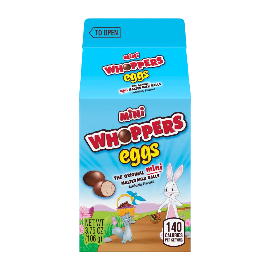 WHOPPERS MINI EGGS Malted Milk Balls, 3.75 oz carton - Front of Package