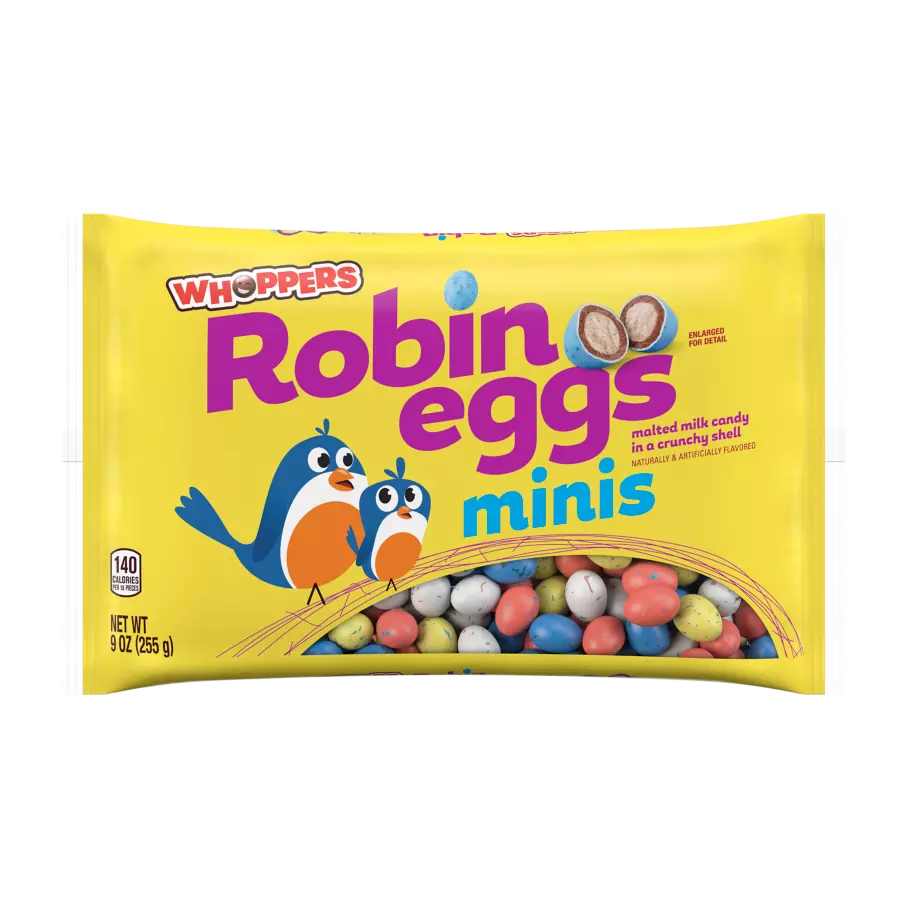 WHOPPERS ROBIN EGGS Minis Malted Milk Balls, 9 oz bag - Front of Package