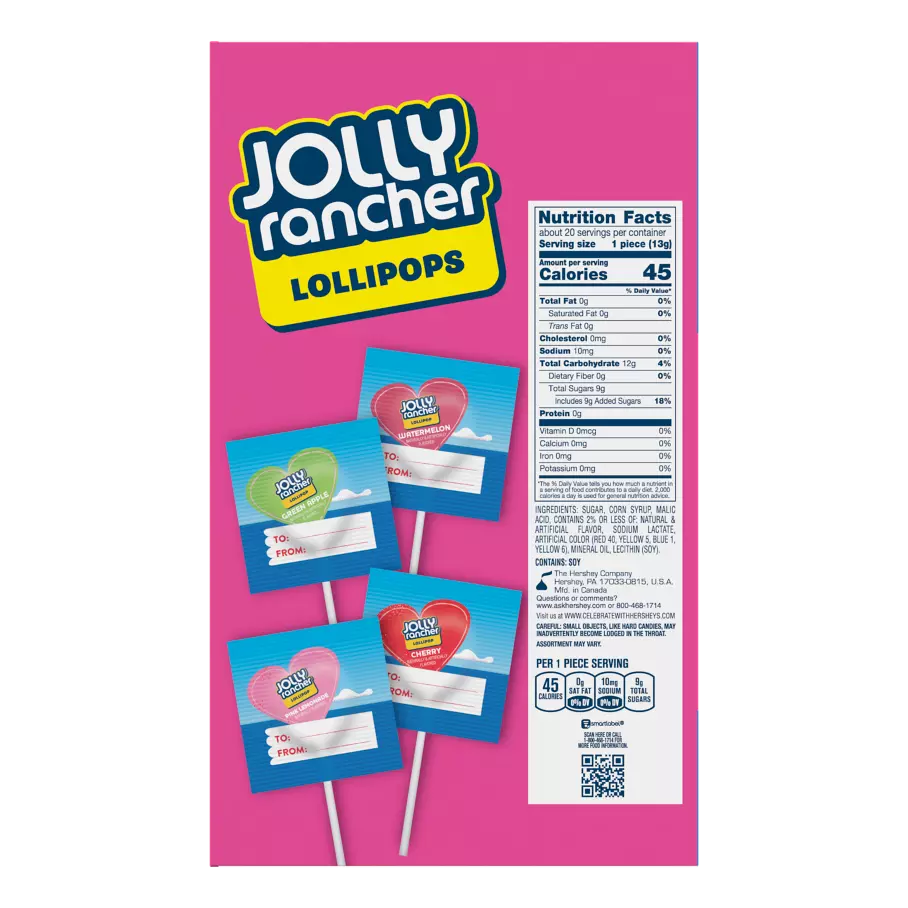 JOLLY RANCHER Valentine Exchange Lollipops, 0.46 oz, 20 count box - Back of Package