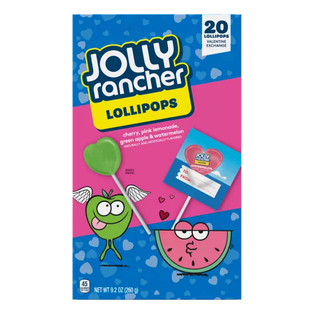 JOLLY RANCHER Valentine Exchange Lollipops, 0.46 oz, 20 count box - Front of Package