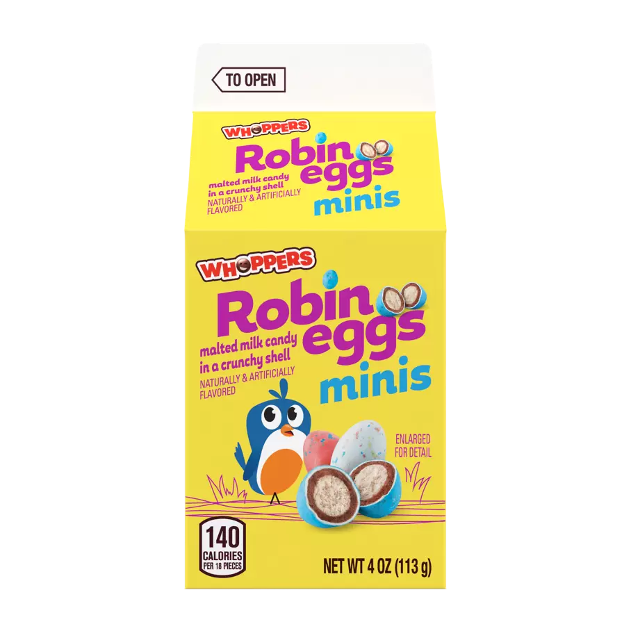 WHOPPERS ROBIN EGGS Mini Malted Milk Balls, 4 oz carton - Front of Package