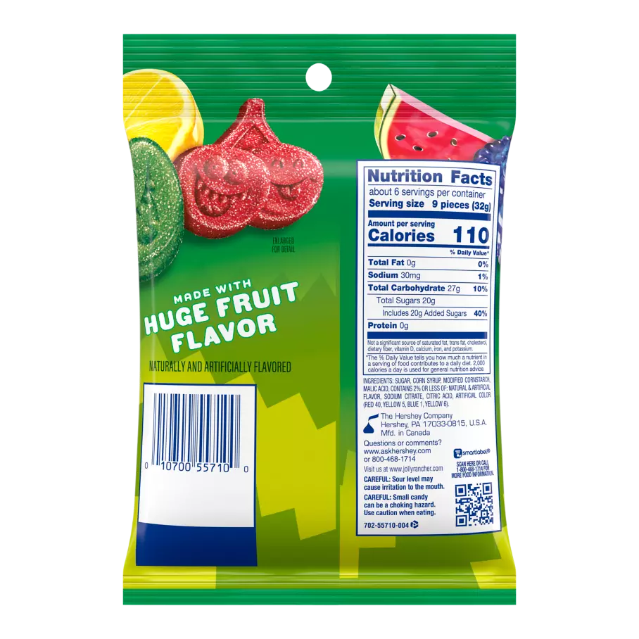 JOLLY RANCHER Gummies Sour Original Flavors, 6.5 oz bag - Back of Package