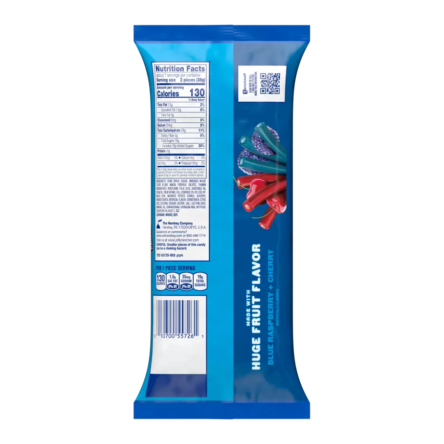JOLLY RANCHER Ropes Blue Raspberry + Cherry Flavored Candy, 10 oz bag - Back of Package