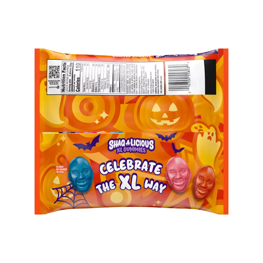 SHAQ-A-LICIOUS XL Gummies Halloween Original Flavors Snack Size Candy, 8.5 oz bag - Back of Package