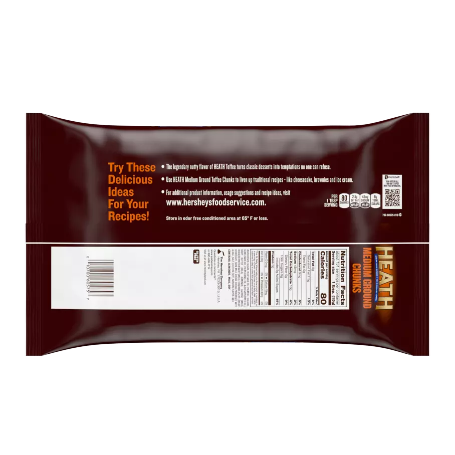 HEATH Milk Chocolate English Toffee Medium Grind Ground Chunks, 30 lb box, 6 bags - Back of Individual Package