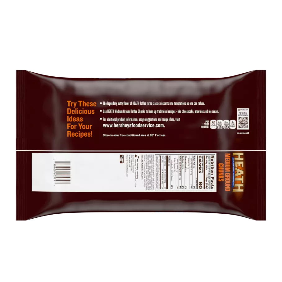 HEATH Milk Chocolate Toffee Medium Grind Ground Chunks, 30 lb box, 6 bags - Back of Individual Package