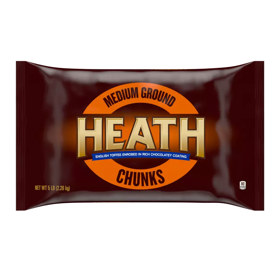 HEATH Milk Chocolate English Toffee Medium Grind Ground Chunks, 30 lb box, 6 bags - Front of Individual Package