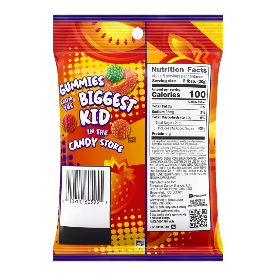 SHAQ-A-LICIOUS SLAMS Fruit Flavors Candy, 5.2 oz bag - Back of Package