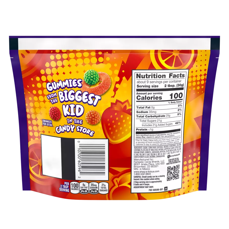 SHAQ-A-LICIOUS SLAMS Fruit Flavors Candy, 9.8 oz bag - Back of Package