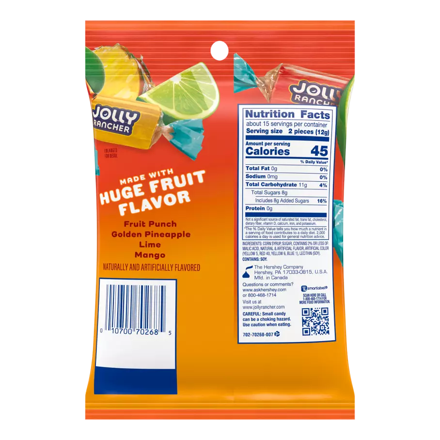 JOLLY RANCHER Tropical Hard Candy, 6.5 oz bag - Back of Package