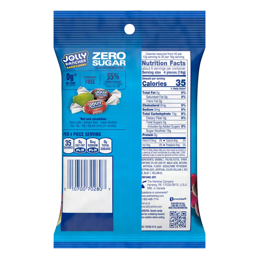JOLLY RANCHER Zero Sugar Original Flavors Hard Candy, 3.6 oz bag - Back of Package