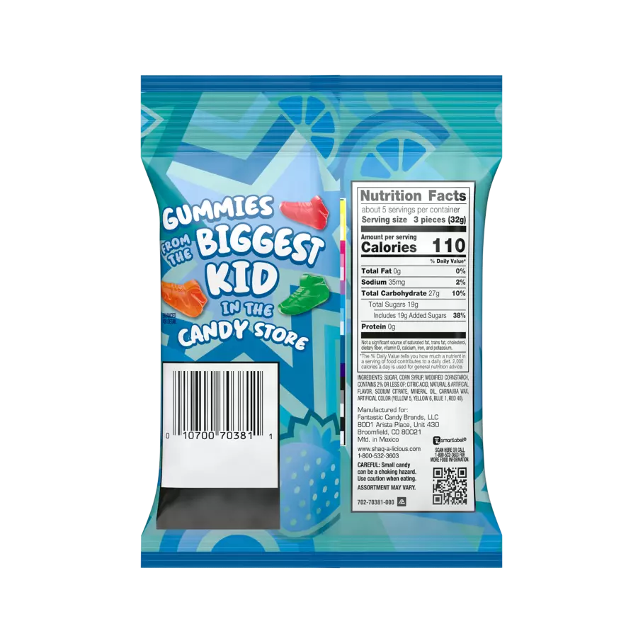 SHAQ-A-LICIOUS XL Gummies Sneakers Fruit Flavors Candy, 6.2 oz bag - Back of Package