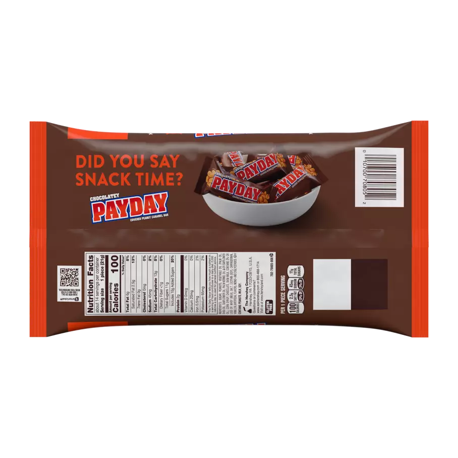 PAYDAY Halloween Chocolatey Covered Peanut and Caramel Snack Size Candy Bars, 10.64 oz bag - Back of Package