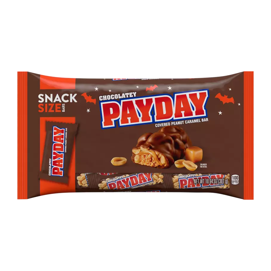 PAYDAY Halloween Chocolatey Covered Peanut and Caramel Snack Size Candy Bars, 10.64 oz bag - Front of Package