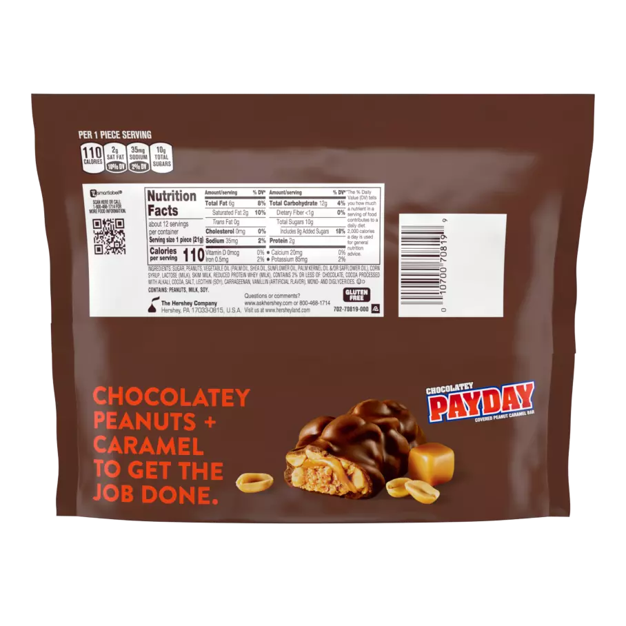 PAYDAY Chocolatey Covered Peanut and Caramel Snack Size Candy Bars, 9.12 oz bag - Back of Package