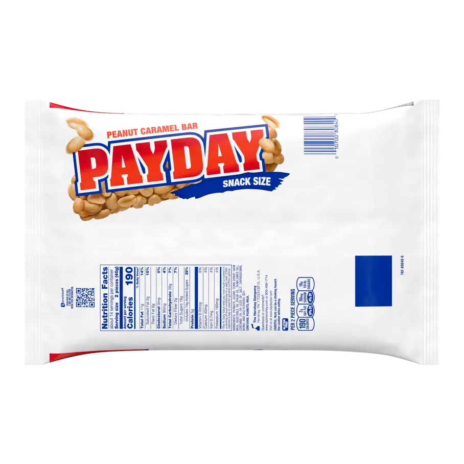 PAYDAY Peanut and Caramel Snack Size Candy Bars, 20.3 oz jumbo bag - Back of Package
